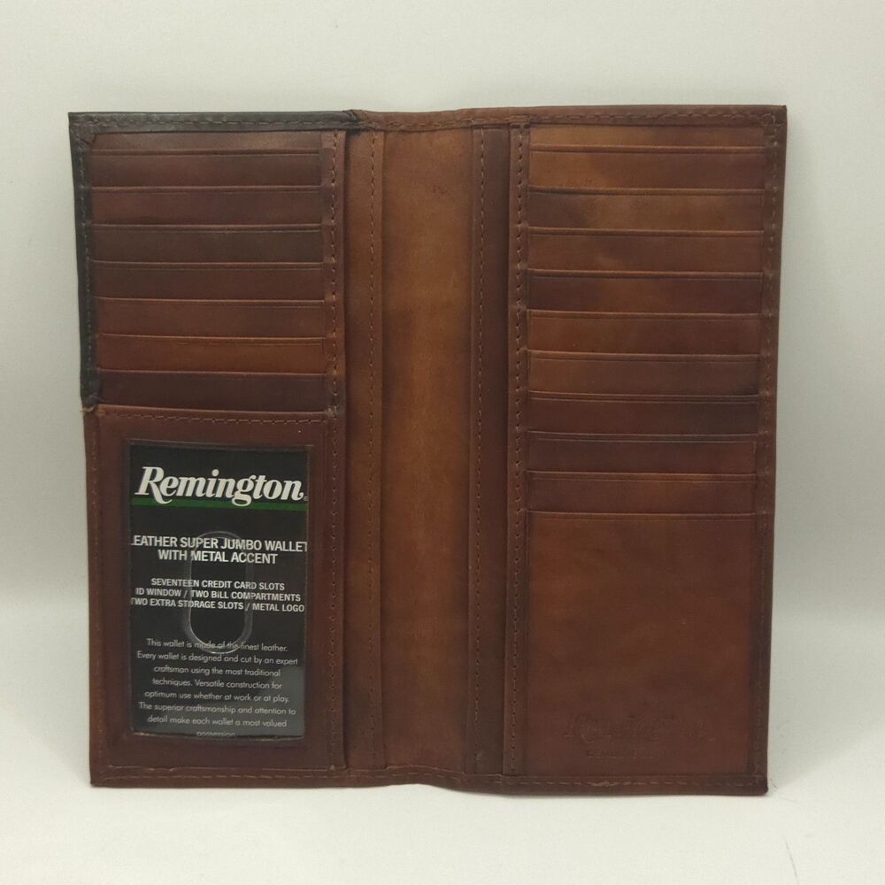 Remington 7" Jumbo Brown Leather Wallet 17 Card Slots 12 GA NWT Spots